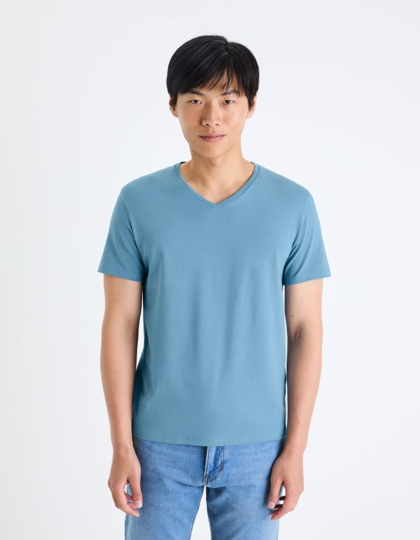 T-shirt col V slim stretch - bleu dur