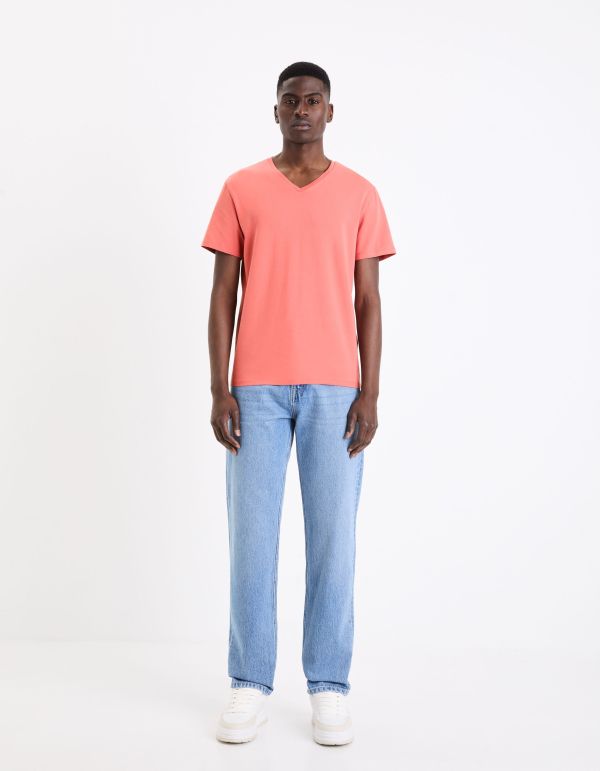 T-shirt col V coton stretch - bois de rose