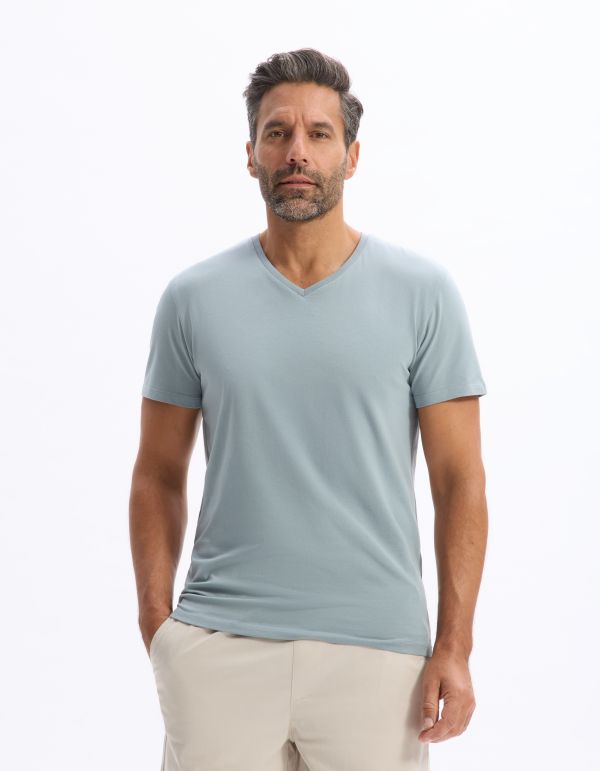 T-shirt slim col v en coton stretch - vert de gris
