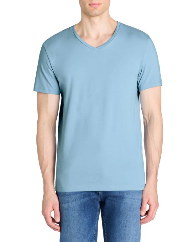 T-shirt slim col v en coton stretch - bleu