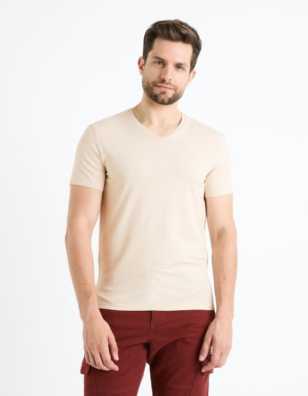 T-shirt col V coton stretch - beige