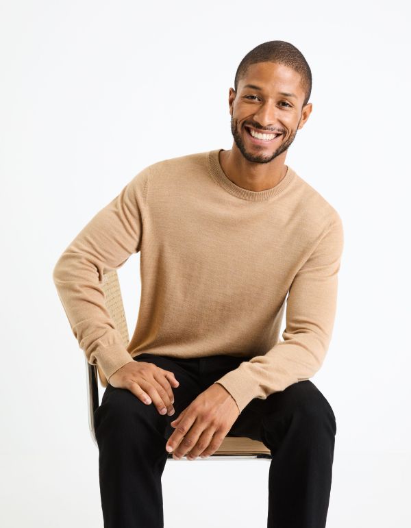 Pull col rond 100% laine mérinos - beige