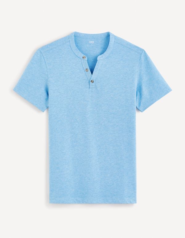 T-shirt col henley coton mélangé - bleu