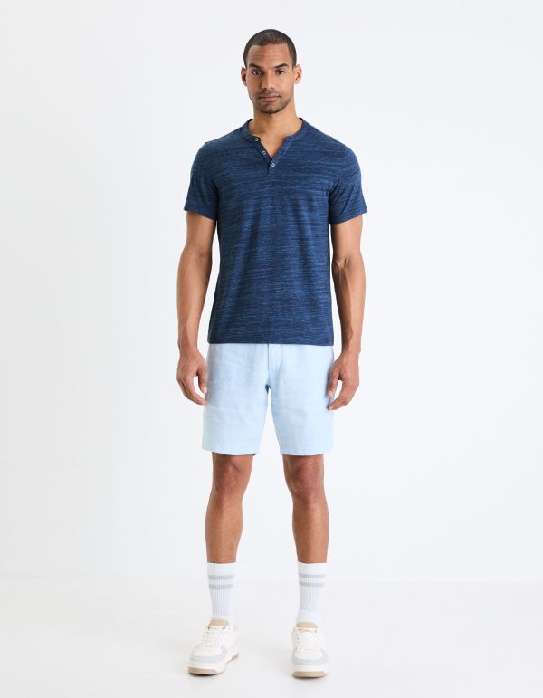 T-shirt col henley coton mélangé -marine
