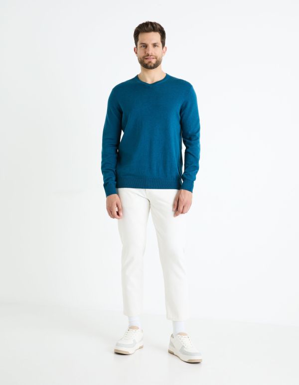 Pull col V 100% coton - bleu