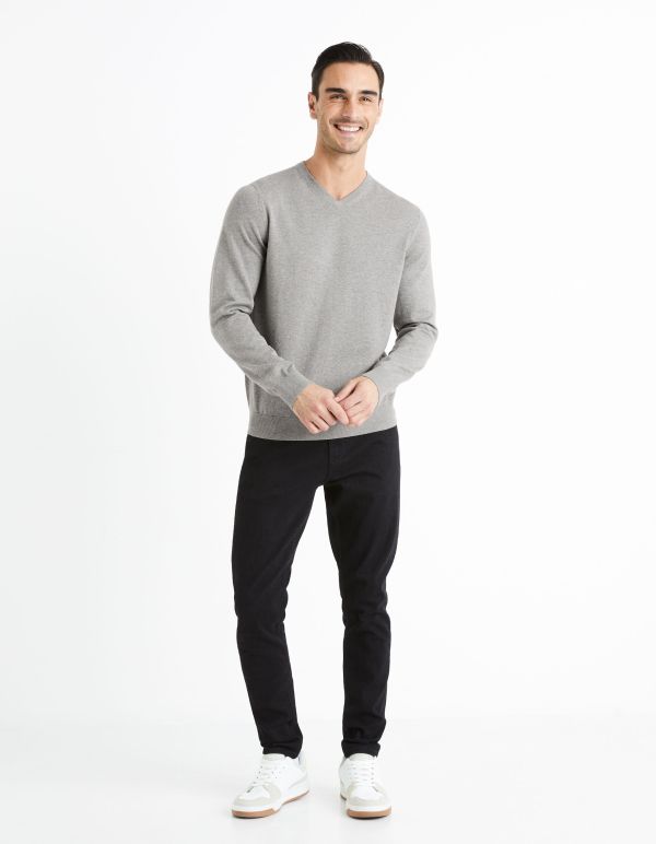 Pull col V 100% coton - gris chine