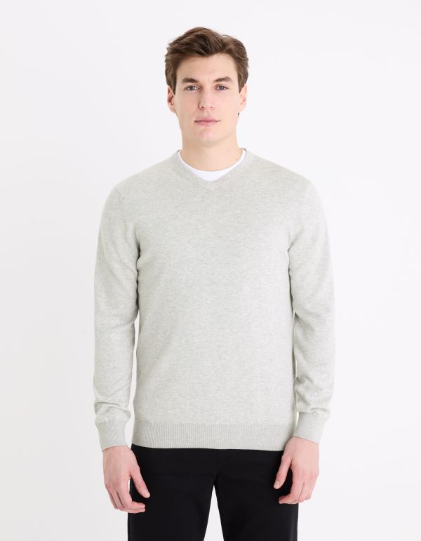 Pull col V 100% coton - gris clair