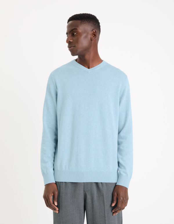 Pull col V 100% coton - bleu clair