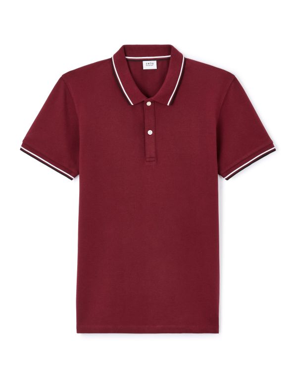 Polo piqué col contrasté slim en coton stretch - bordeaux