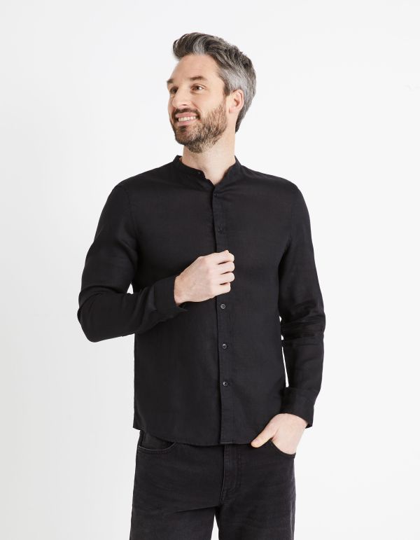 Chemise col mao regular 100% lin - noir