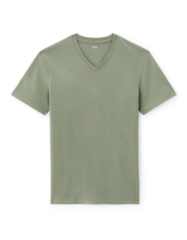 T-shirt straight col v 100% coton - vert