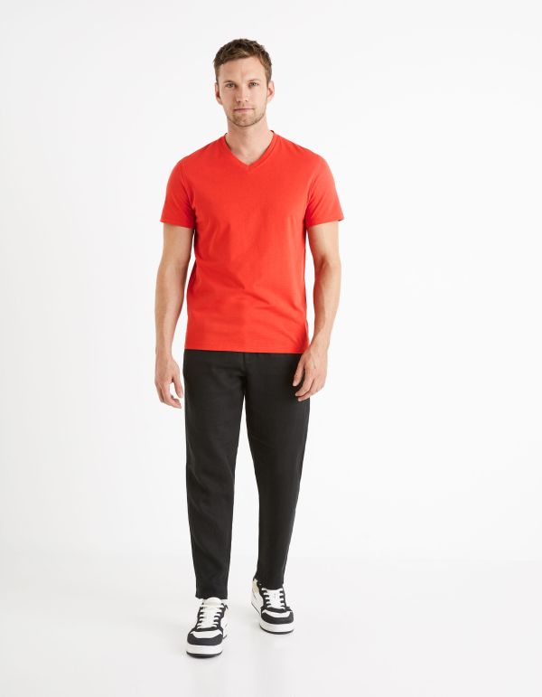 T-shirt col V 100% coton - rouge