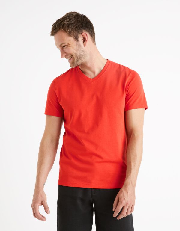 T-shirt col V 100% coton - rouge