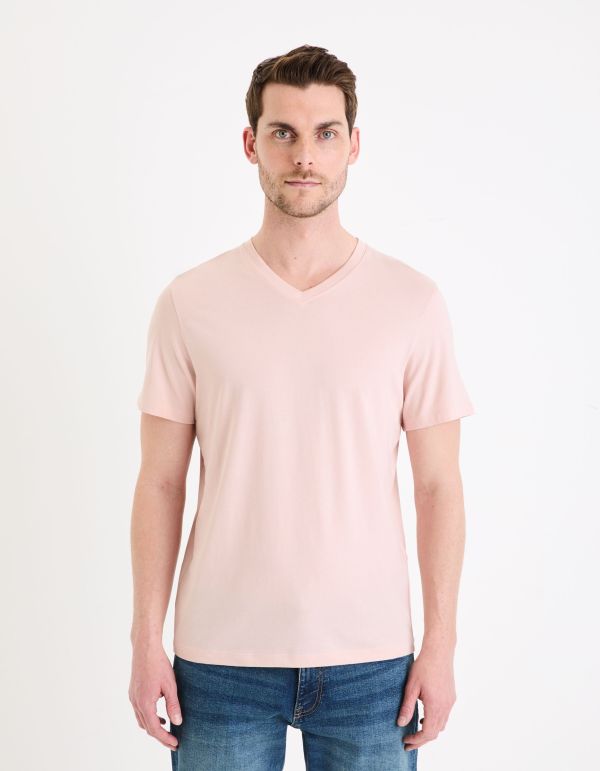 T-shirt col V 100% coton -bois de rose