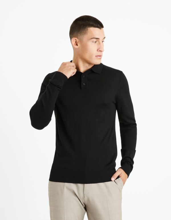 Pull col polo laine mélangée - noir