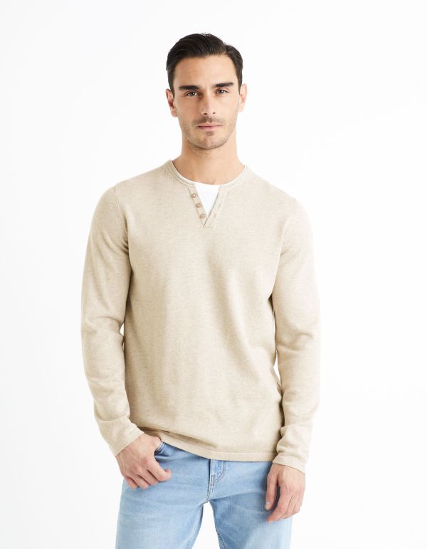 Pull col tunisien 100% coton - beige