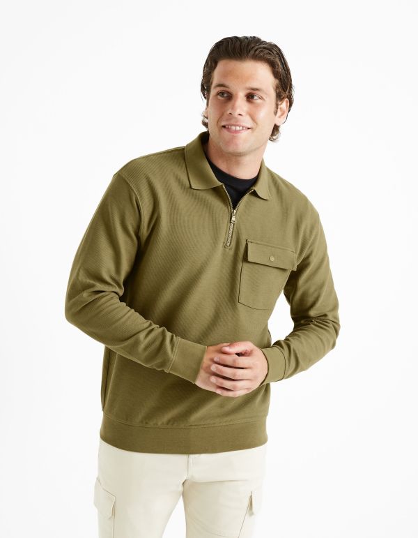 Sweat col zippé 100% coton - kaki