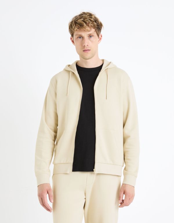Sweat zippé à capuche 100% coton - beige