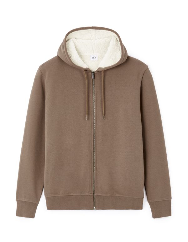 Sweat zippé à capuche coton mélangé - taupe