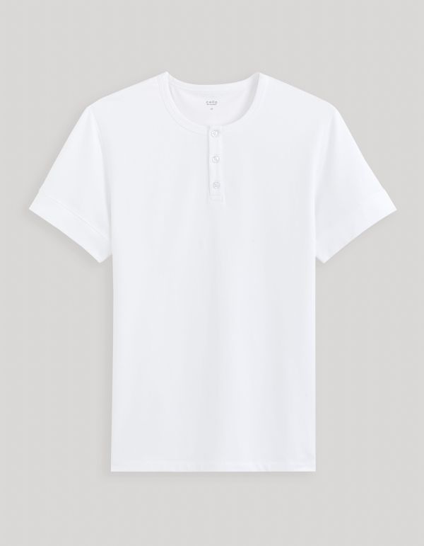 T-shirt col henley straight coton stretch - blanc