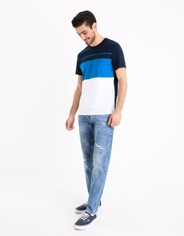 T-shirt col rond color block en coton - marine