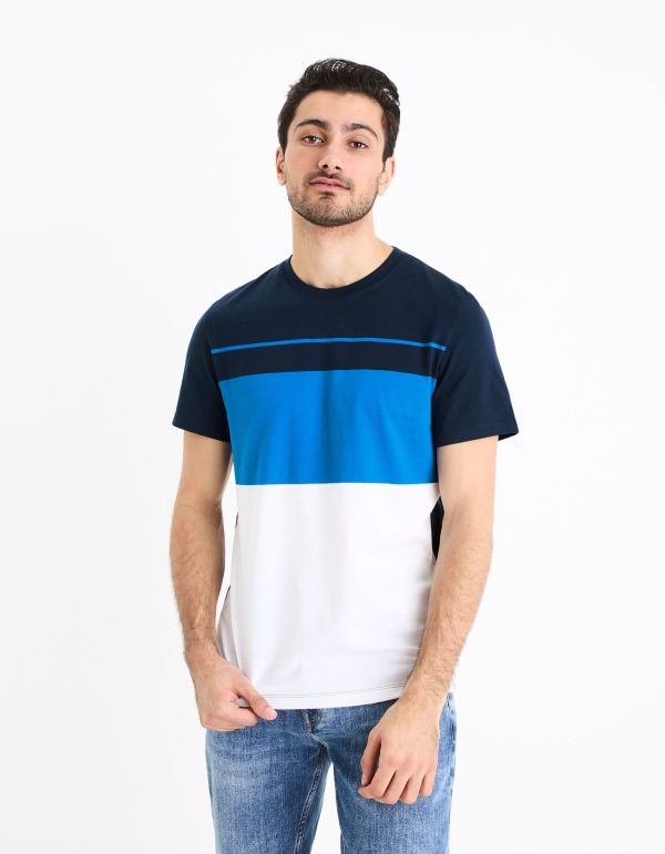 T-shirt col rond color block en coton - marine