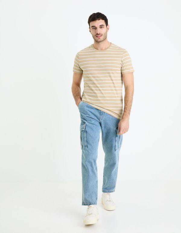 T-shirt straight 100% coton rayé - taupe clair
