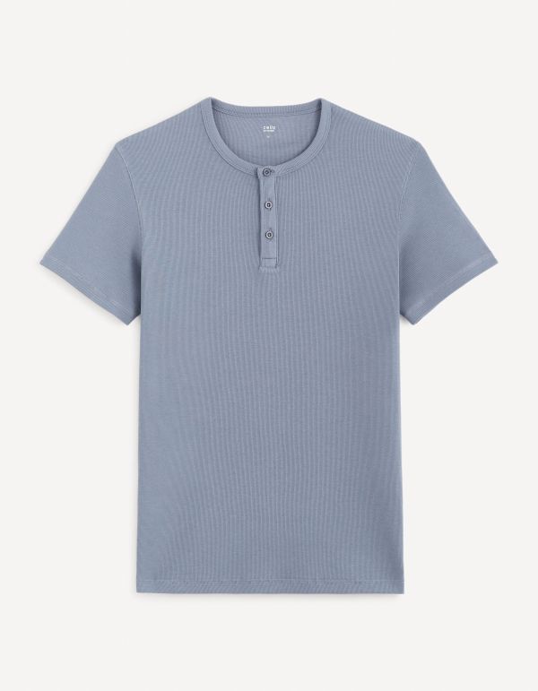 T-shirt col henley straight stretch - bleu