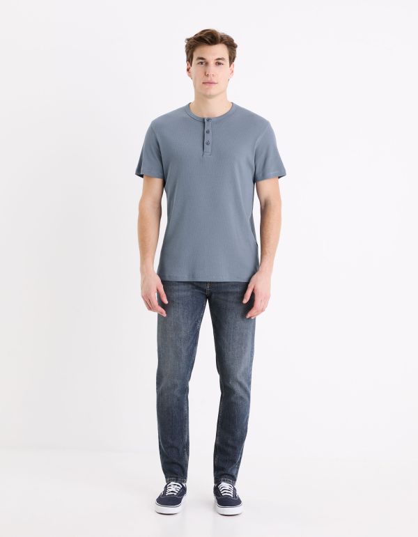 T-shirt col henley straight stretch - bleu