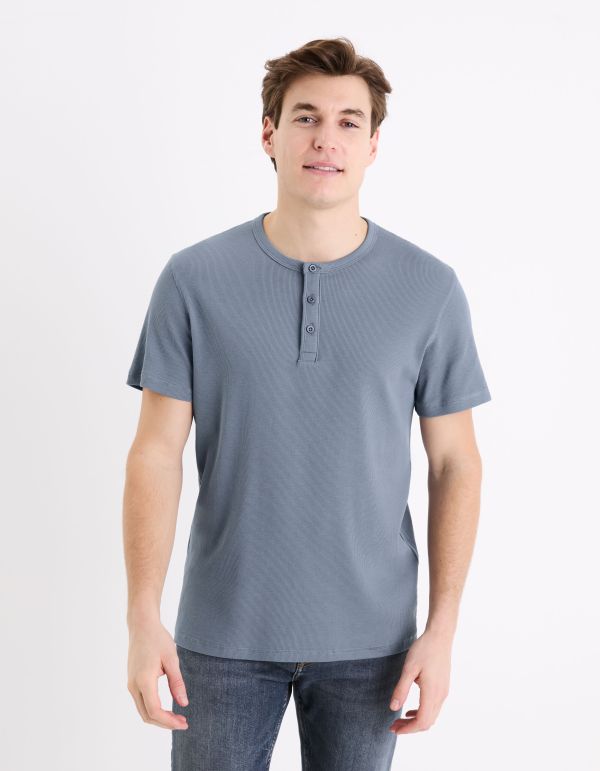 T-shirt col henley straight stretch - bleu