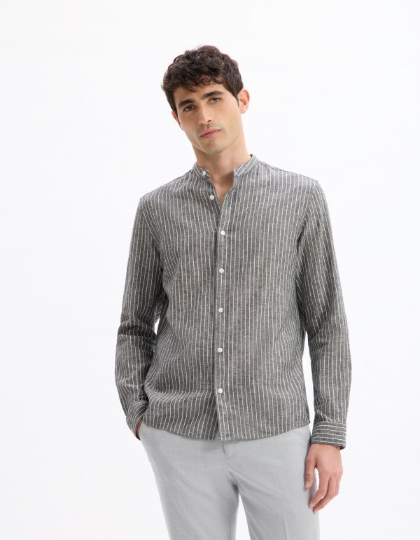 Chemise regular rayé col mao en lin et coton - noir