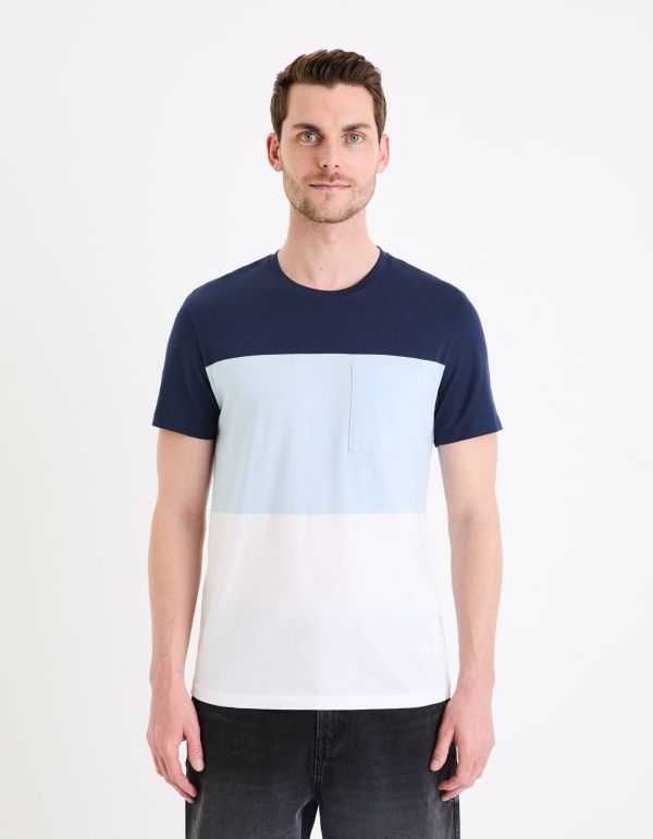 T-shirt col rond color block en coton - marine
