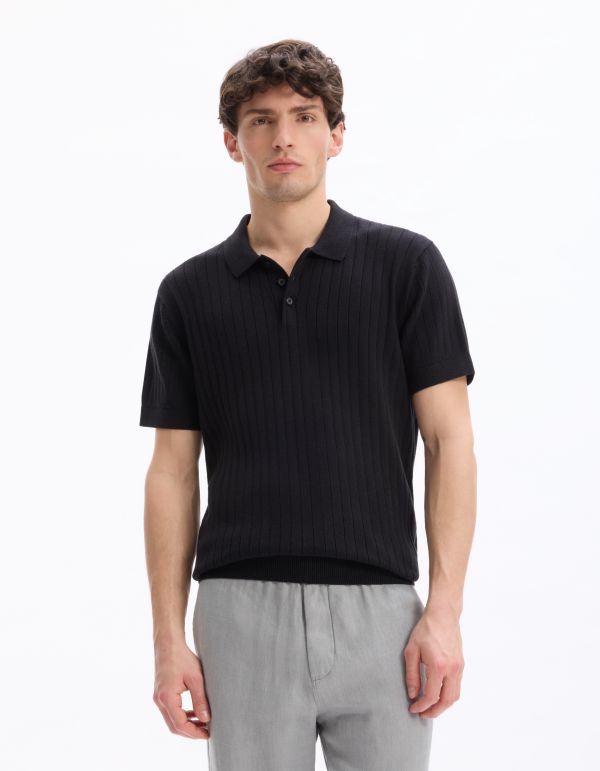 Polo regular en maille texturée coton mélangé - noir