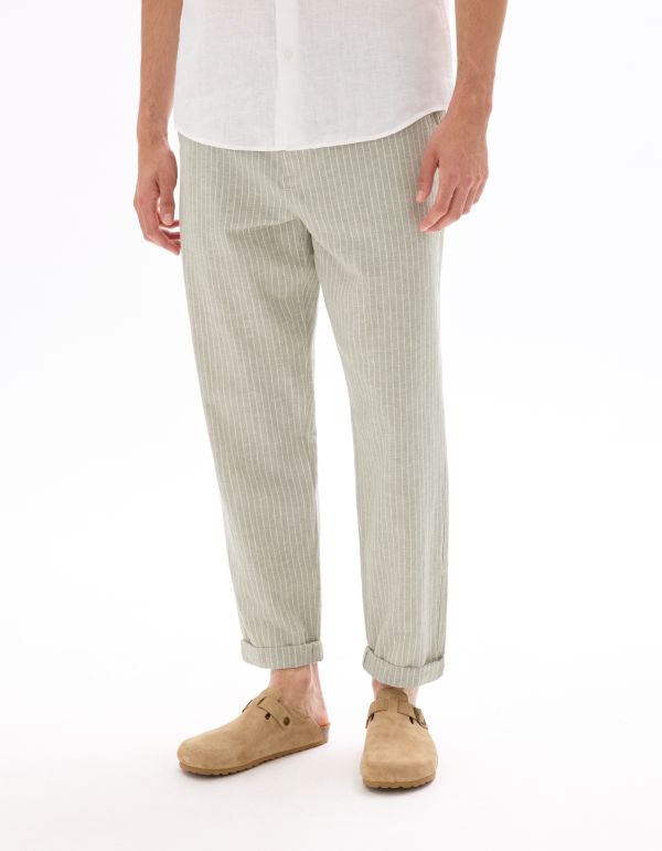 Pantalon straight rayé en lin et coton - sauge