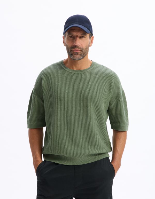 T-shirt boxy col rond 100% coton - kaki