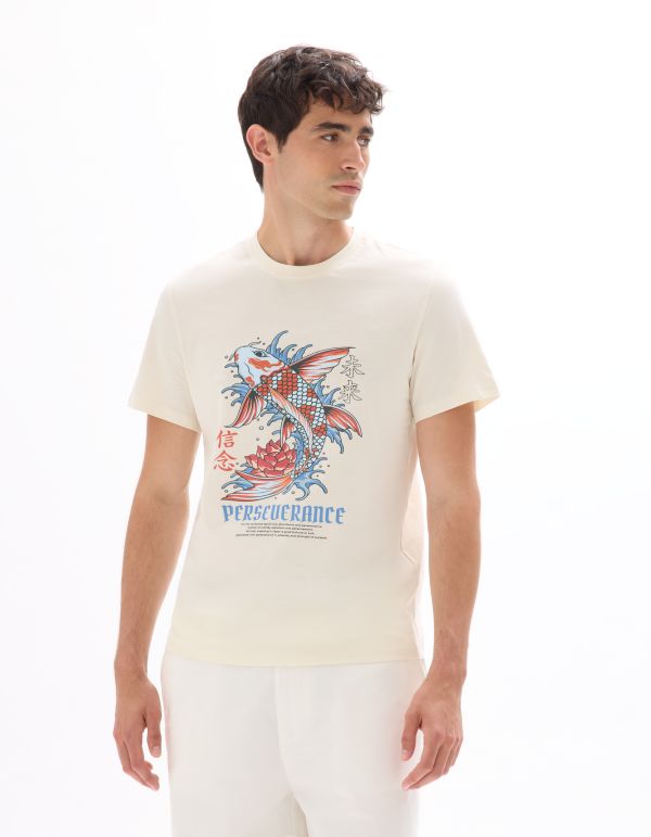 T-shirt regular col rond 100% coton imprimé asie - écru