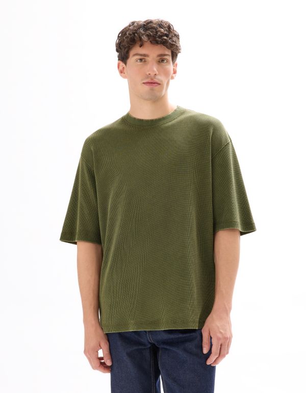 T-shirt oversize col rond 100% coton gaufré - kaki