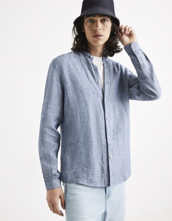 Chemise regular col mao 100% lin