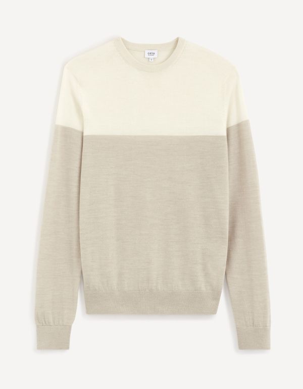Pull col rond laine mérinos mélangée color block - sand