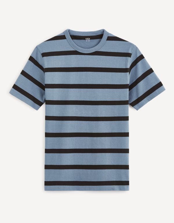 T-shirt col rond 100% coton à rayures - bleu