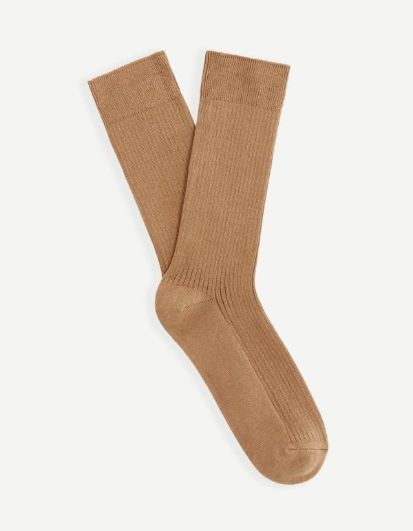 Chaussettes hautes en coton mélangé côtelées - camel