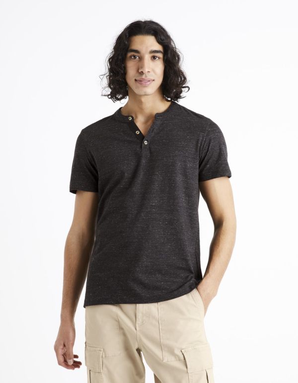 T-shirt col henley coton mélangé - noir