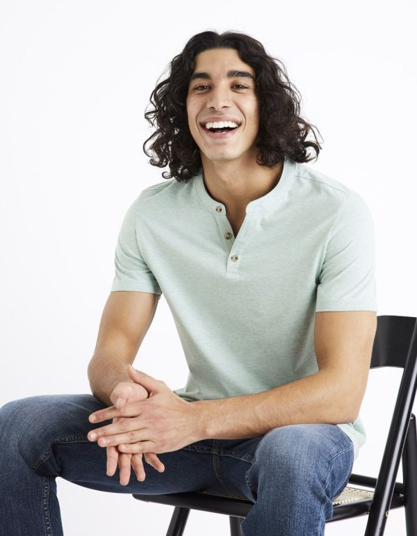 T-shirt col henley coton mélangé - vert