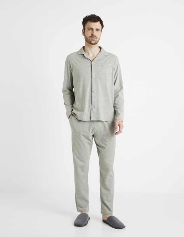 Pijama manches longues en popeline - gris clair