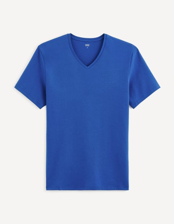 T-shirt col V coton stretch - bleu