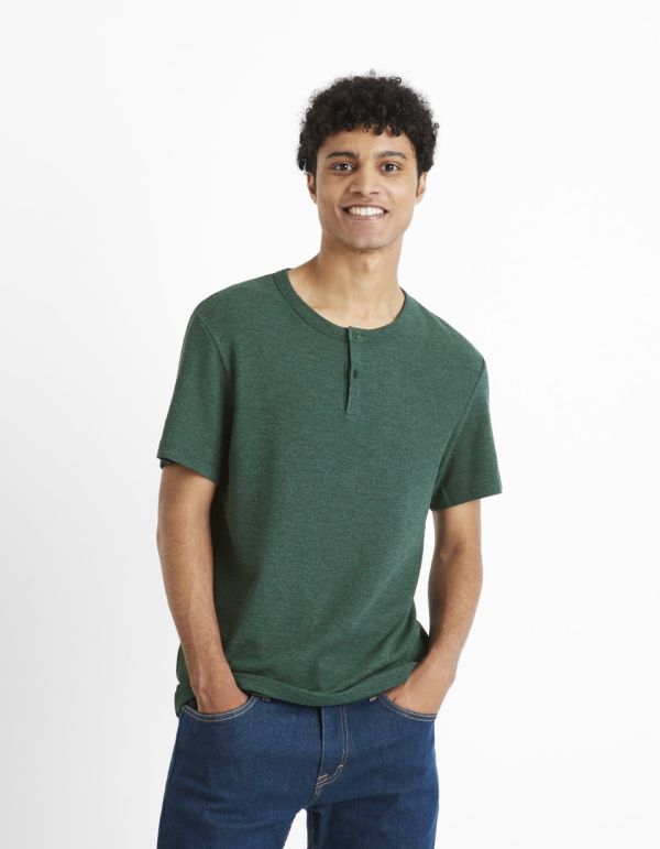 T-shirt col henley coton mélangé - vert foncé