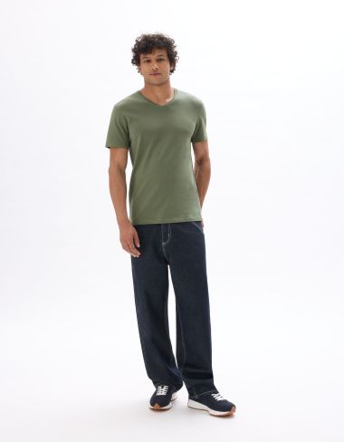 T-shirt slim col v en coton stretch - vert
