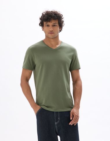 T-shirt slim col v en coton stretch - vert