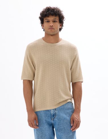 T-shirt boxy col rond en maille ajourée - sand