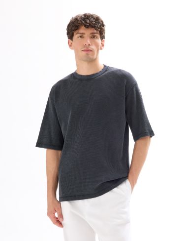 T-shirt oversize col rond 100% coton gaufré - noir
